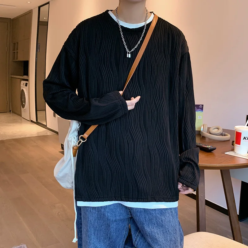 

Tide Brand High Street Striped Round Neck T-shirt Men's Fashion Loose Solid Color Long-sleeved Harajuku Pullover Streetwear