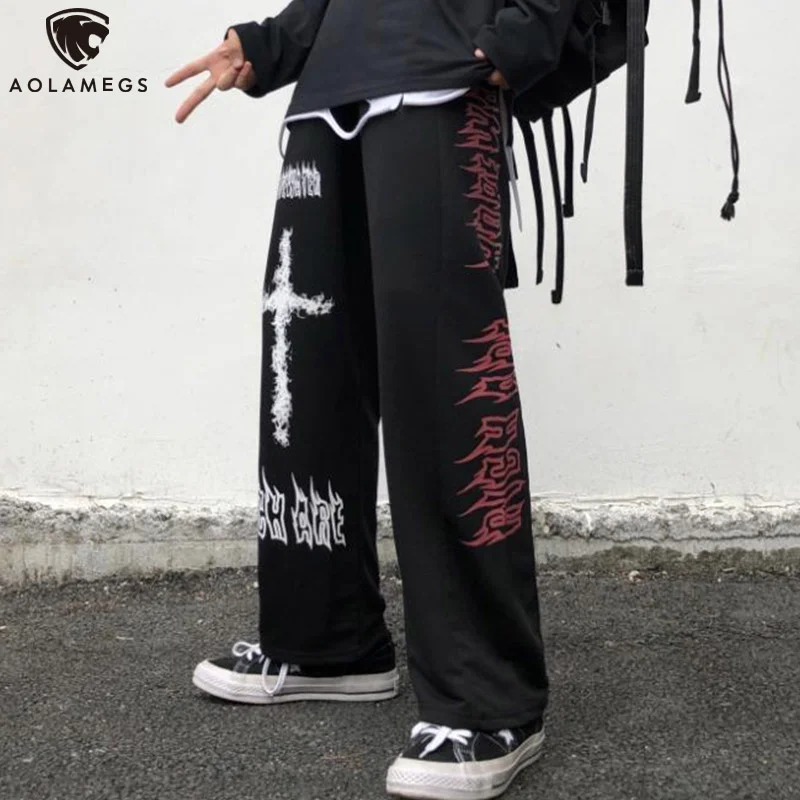 

Aolamegs Gothic Pants Men Japanese Casual Sweatpants Graffiti Anime Punk Hippie Wide Leg Trouser Harajuku High Street Streetwear