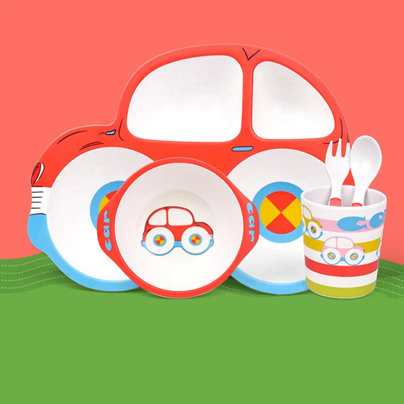 Enlarge Baby Feeding Bowl Children Tableware Set Cute Cartoon Car Shape Dishes Plate with Spoon Fork for Eating Training
