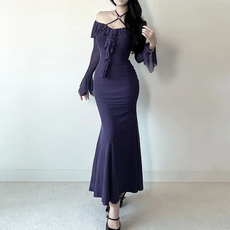 Осеннее новое стильное сексуальное пикантное платье с открытыми плечами и