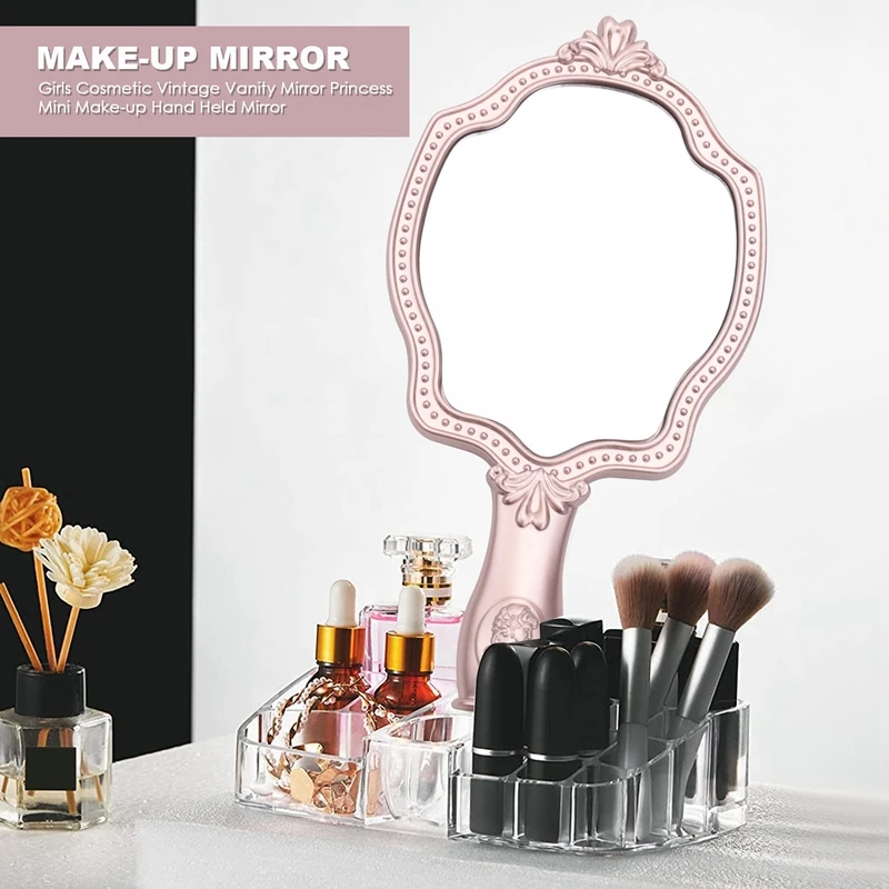 Promotion!Girls Cosmetic Vintage Vanity Mirror Princess Mini Make-Up Hand Held Mirror Makeup Hand Mirror Unique Gift For Girl