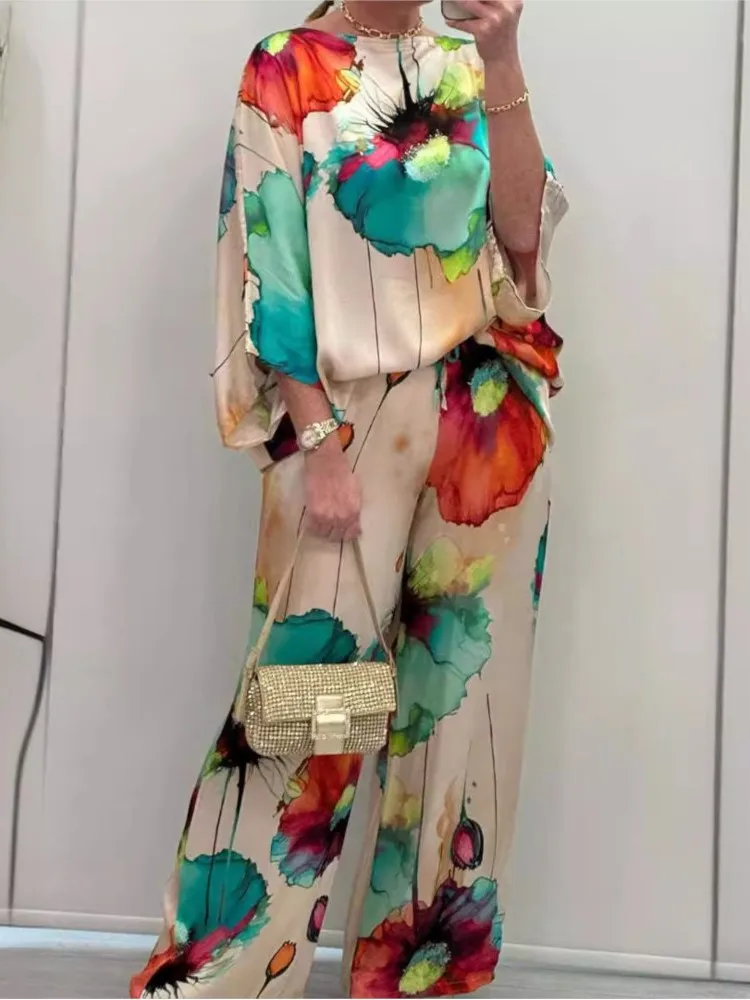 Комплект из двух предметов женский атласный с принтом Модный повседневный