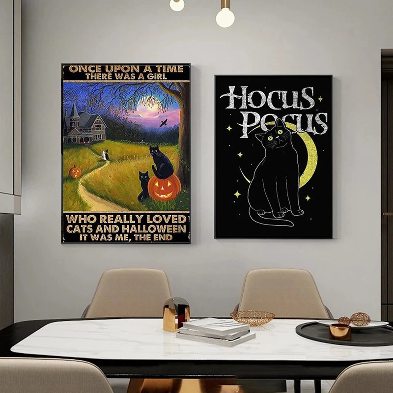Креативная Картина на холсте с мультяшным черным котом плакат и принты Настенная