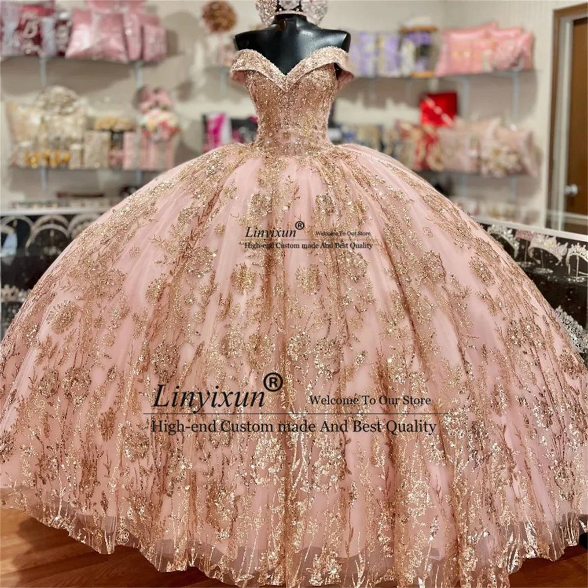 Роскошные розовые платья принцессы Quinceanera с открытыми плечами бальное платье 2024