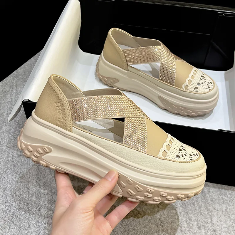 Air Mesh Genuine Leather Rhinestone Design Comfy Sandals Breathable Shoes Chunky Sneakers Spring Summer Platform Wedge Shoes