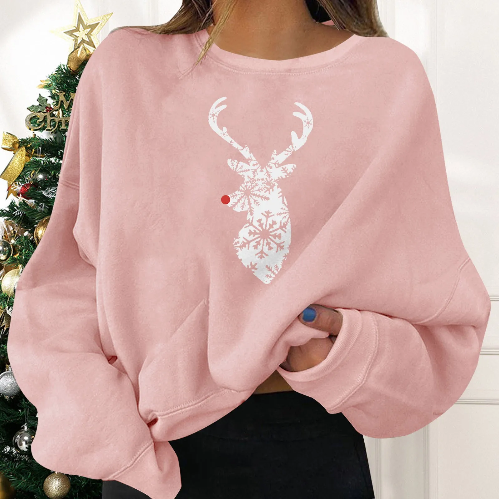 

Christmas Party Hoodies For Women Deer Graphic Pullovers Round Neck Long Sleeve Sweatshirt Trendy Print Top Female Clothes