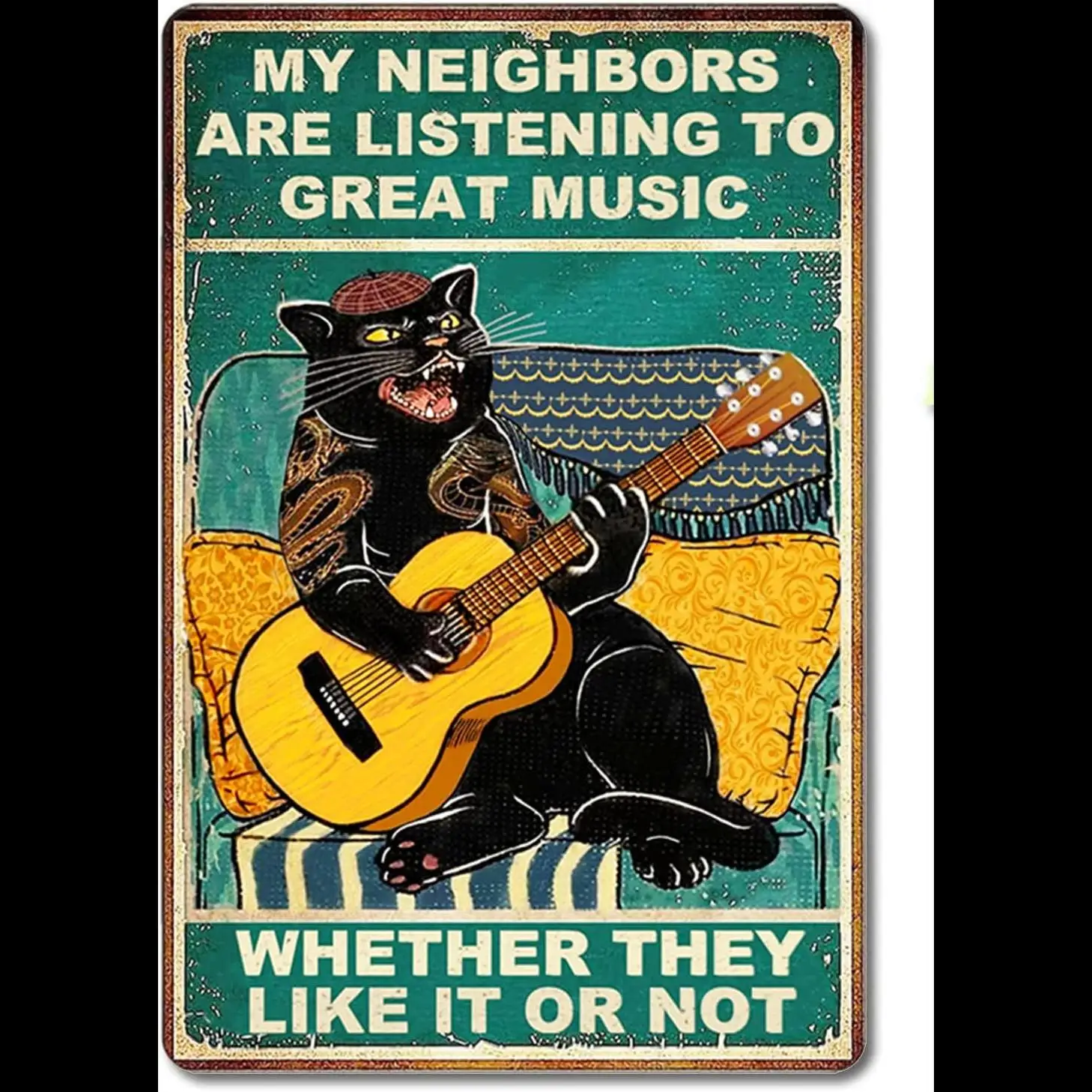 Винтажный Забавный Кот Гитарист Металлическая Жестяная Вывеска Настенный Декор