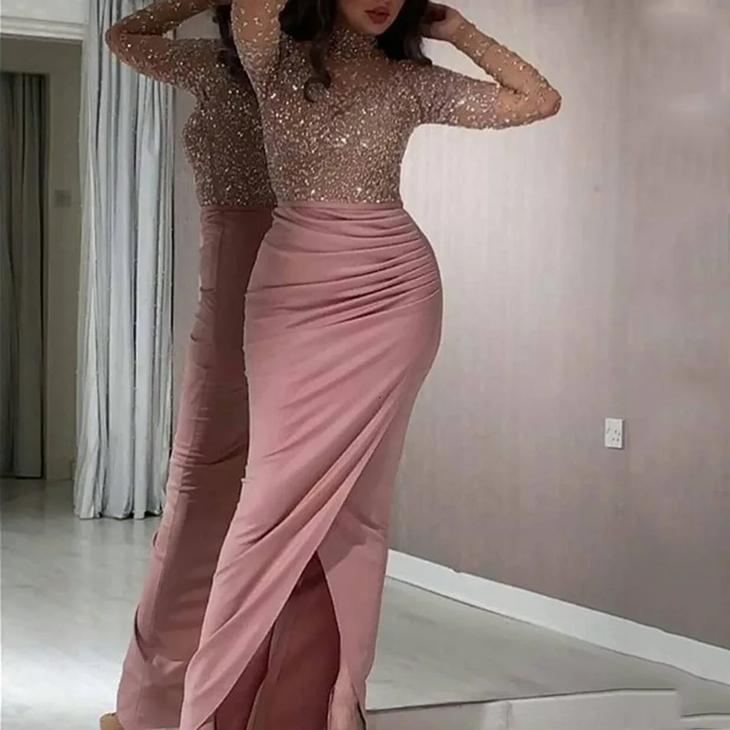 2023 New in Women Party Formal Dress Sequins High Collar Long Sleeve Slim Patchwork Elegant Bodycon Dresses
