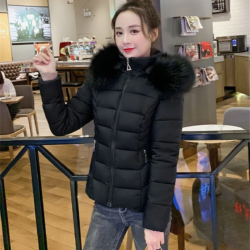 Winter Jacket 2022 Women's Solid Warm Parkas Fur Collar Removable Cap Casual Cotton Down Overcoat High Quality Short Ladies Coat