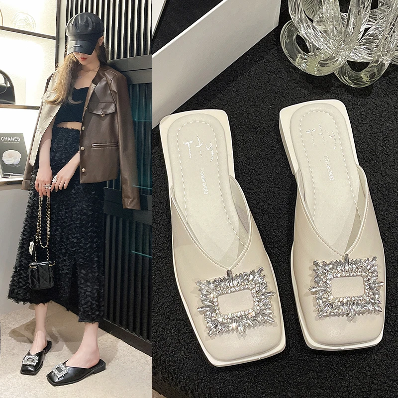 

Square Toes Ladies Slippers 2023 Spring Summer New High-heeled Mules Shoes Rhinestone Square Buckle Fashion Dress sexy Sandals