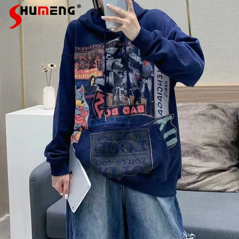 

Fall 2022 New Lazy Style Loose Leisure Washed-out Terry Cotton Graffiti Pullover Long Sleeve Mid-Length Sweatshirt Women's