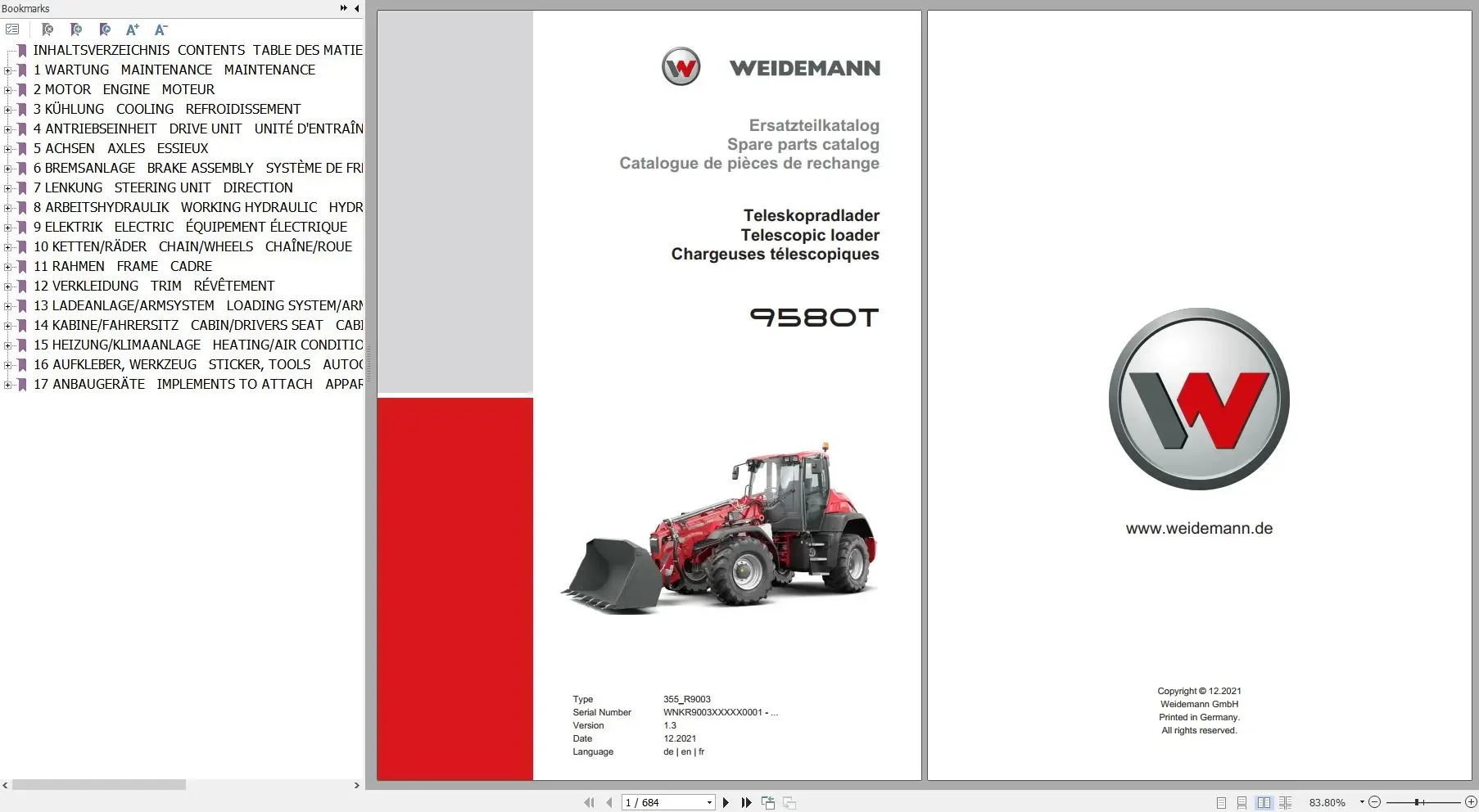 Weidemann Machinery 11 6 ГБ PDF 2023 каталог запасных частей многоязычные языки
