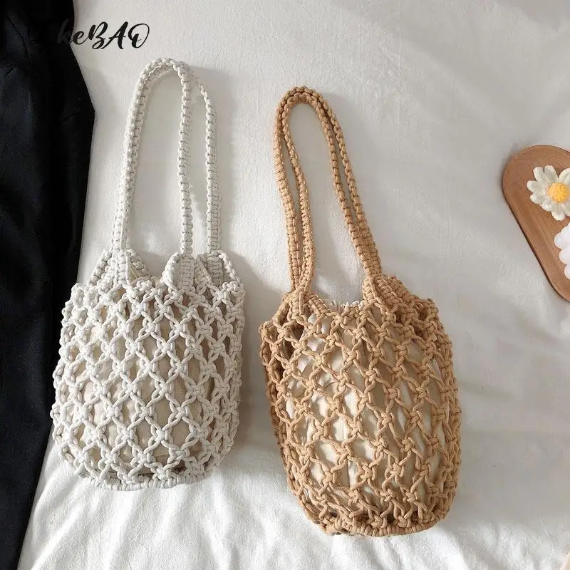 

1PCS Cotton Crochet Fishing Bag Hollow Mesh Shoulder Bag Summer Seaside Beach Handbag