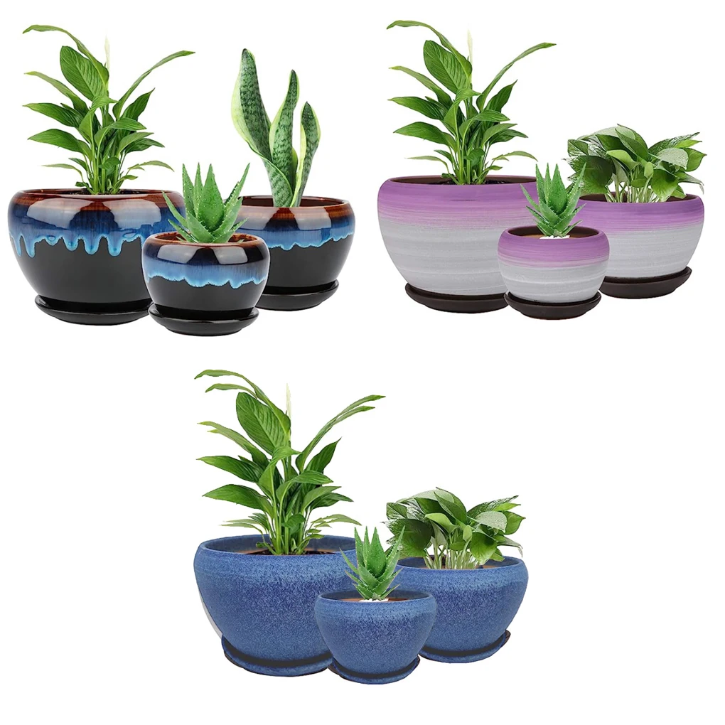 

3 шт. керамические погодостойкие горшки для растений с блюдцами стильные и экологически чистые цветочные горшки