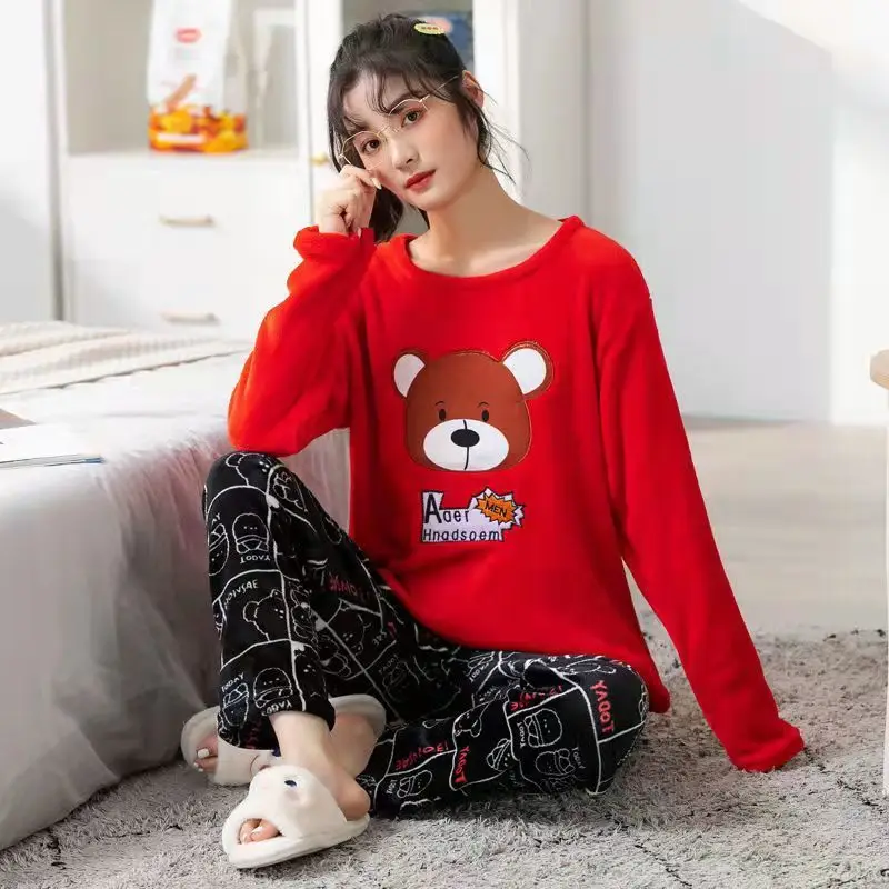 Winter Coral Velvet Pajamas Women's Fashion New Warm Plush Thickened Cartoon Pijamas Set Korean Loose Cute Sleepwear Pyjamas Set