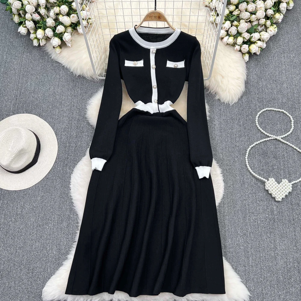 

Женское винтажное трикотажное платье с длинным рукавом, круглым вырезом и высокой талией