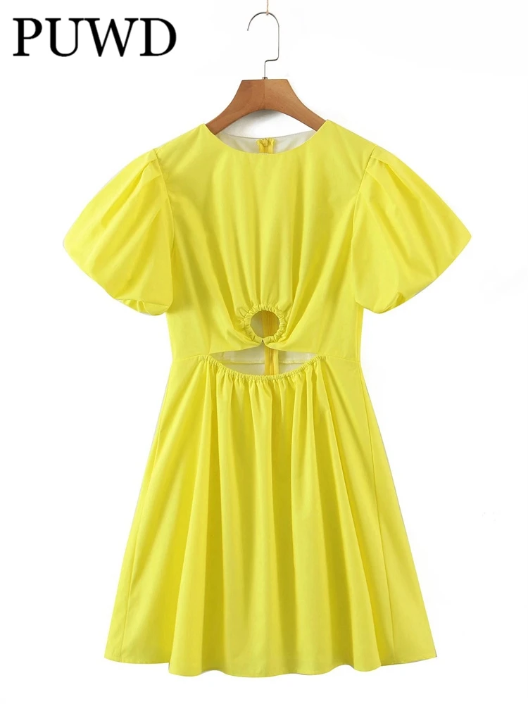 

PUWD Women O Neck Waist Short Sleeve Dress 2022 Spring Fashion Ladies College Style Dress Female Solid Color Show Waist Dress