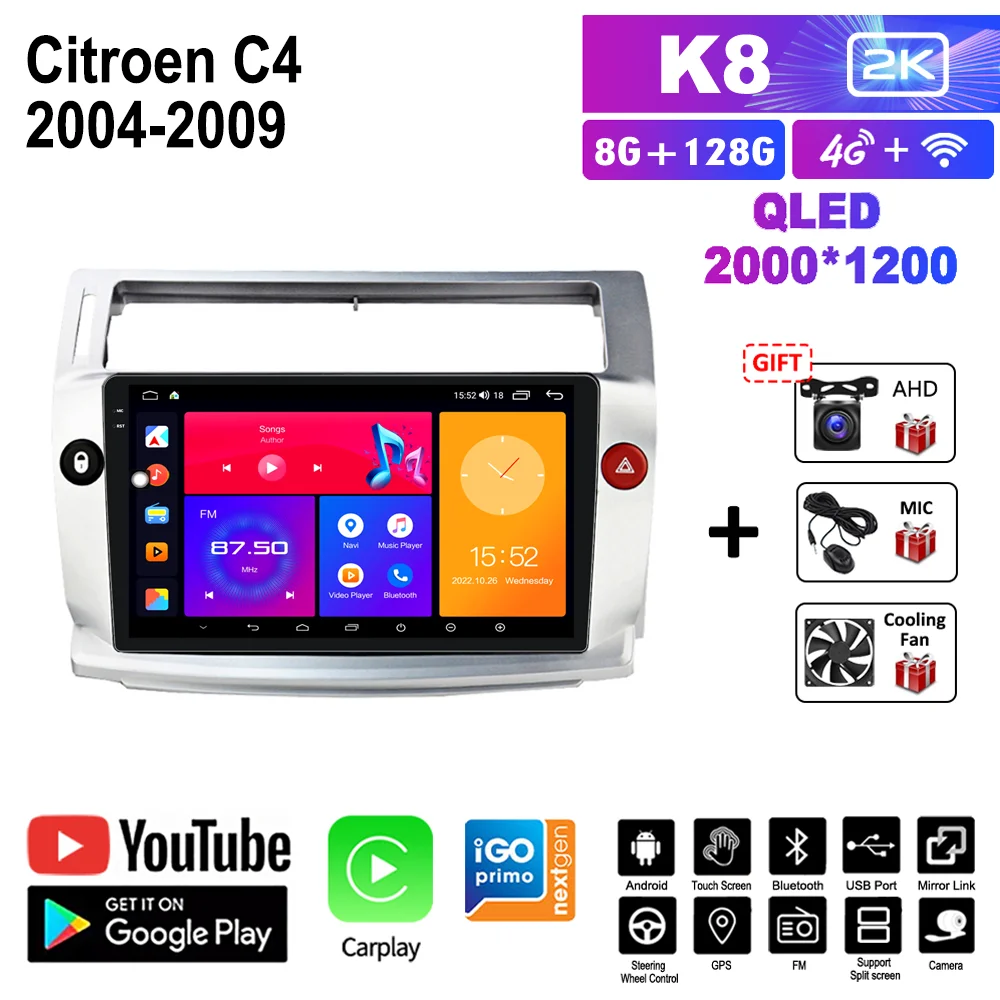 

2K QLED Car Radio For Citroen C4 C-Triomphe C-Quatre Pallas 2004-2009 Android 10.3Inch 2 Din Multimedia Player GPS Apple Carplay
