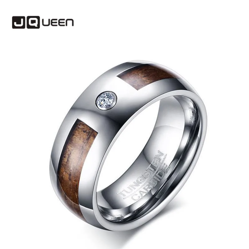 

JQUEEN 8mm Tungsten Steel Ring Men's Acacia Wood Zircon Engagement Ring Jewelry
