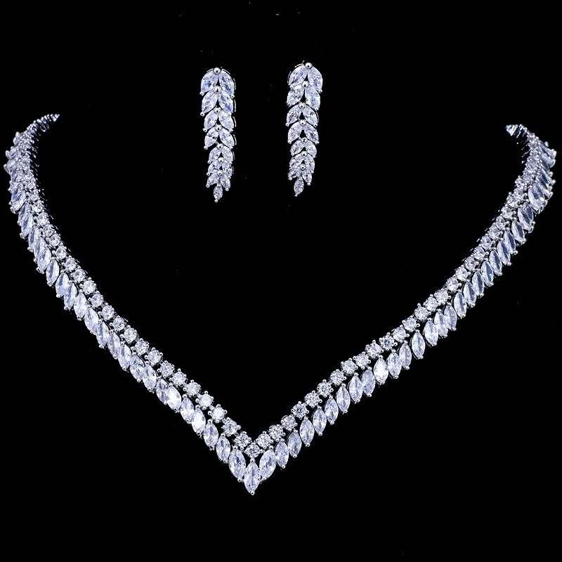 

AMC Luxury Leaves Necklace and Earring Set Silver Color Bridal Wedding Party Zircon Plant Jewelry Set Accessories Gift For Women