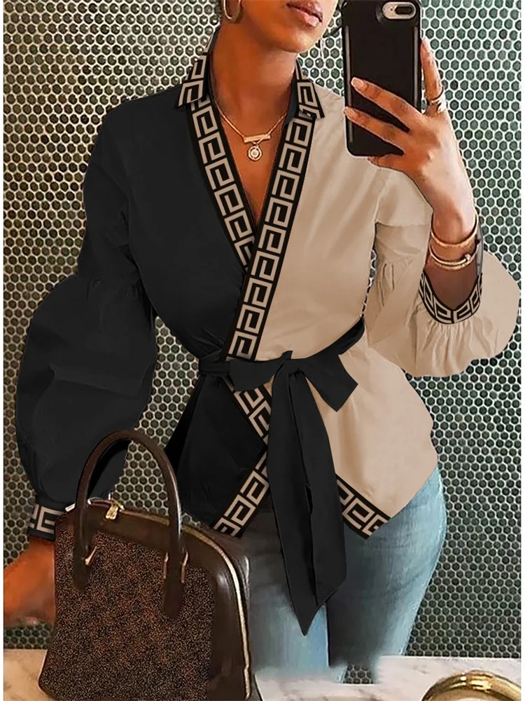 

2022 New Colorblock Geo Print Lantern Sleeve Belted Wrap Top Ropa De Invierno Para Mujer Con Envio Gratis Winter Clothes Women