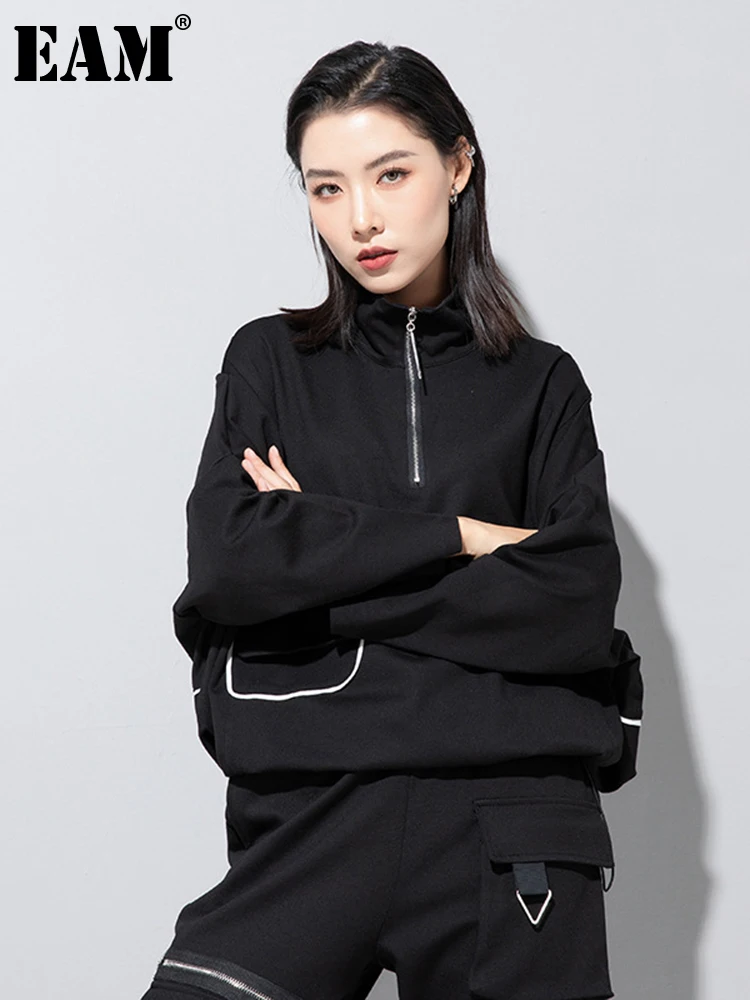 

[EAM] Women Black Zipper Pocket Big Size Casual T-shirt New Turtleneck Long Sleeve Fashion Tide Spring Autumn 2023 1DF1008