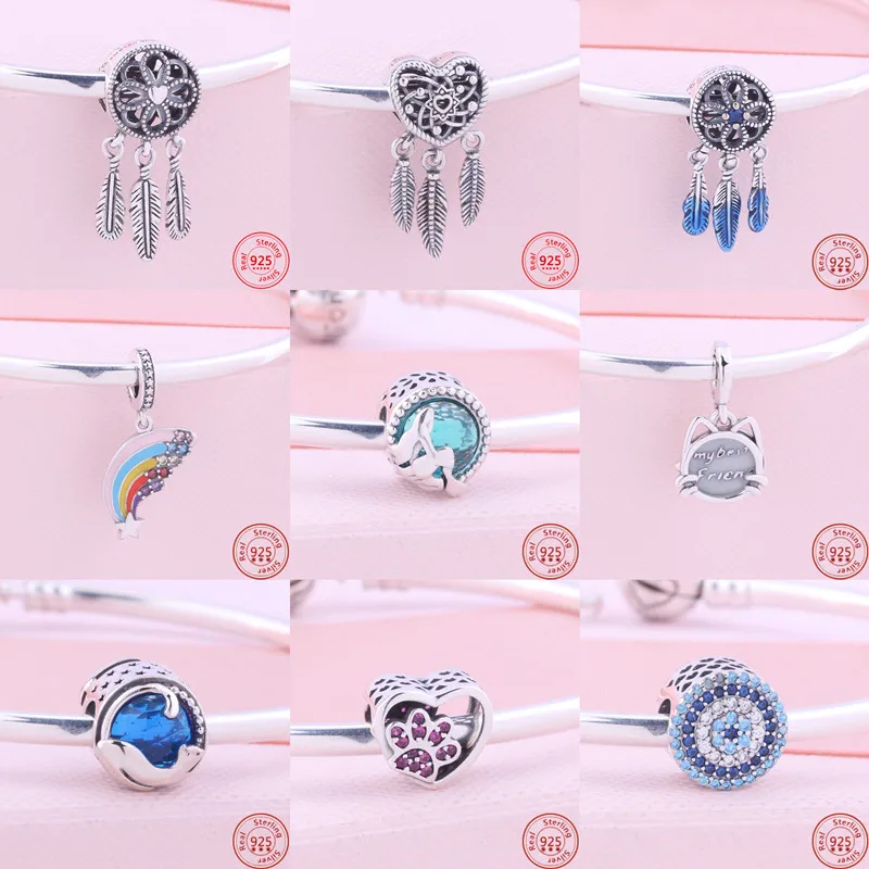 

925 Silver Mermaid Frog Prince Pink & Clear Sparkle Pet Cat Dangle Charm Beads Fit Original Pandora Charms Bracelets DIY Jewelry