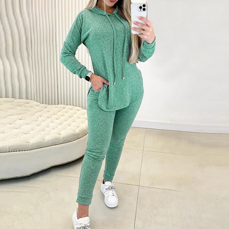

Повседневный женский зимний костюм, Новое поступление, однотонный свитшот с капюшоном и брюки, Осенний облегающий костюм с карманами, элегантная женская одежда из 2 предметов