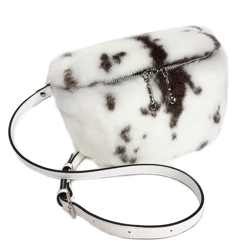 

Winter Ladies Elegant Fur Shoulder Bag Rex Rabbit Fur Cow Pattern Design Fanny Pack Large Capacity Fashion Women Breast Bag