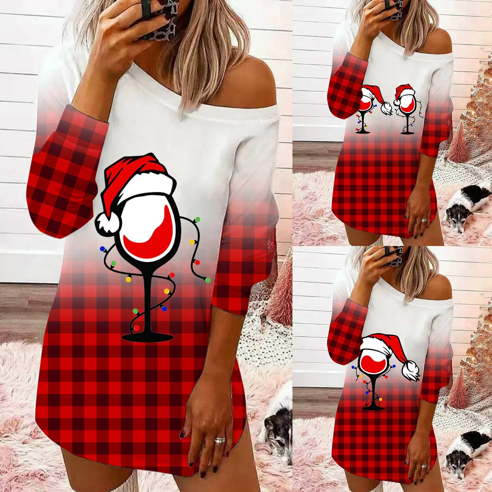 

Women Christmas Long Sleeve Crewneck Lightweight Goblet Plaid Print Pullover Dress Halter Neck Maxi Dress