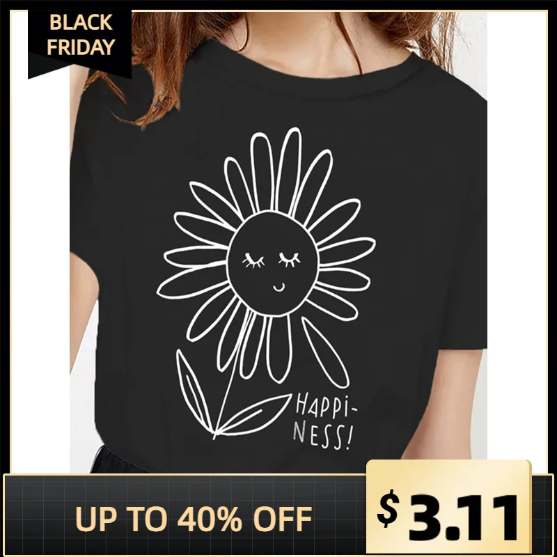 

T-shirts For Woman O-neck Big Flower Tops Ladies Casual Basic Short Sleeves Shirt Summer Graphic Cartoon Print Fashion Clothing