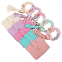 anti lost silicone bead bracelet keychain pu leather key card holder for id card display trendy coin bag charms key ring
