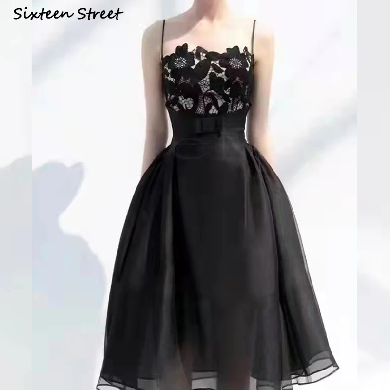 

Black Strap Spaghetti Dress Women 2022 Summer Vintage Lace Hook Hollow Dresses Women Clothing Embroidery Design Bodycon