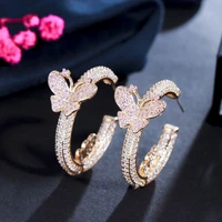 cwwzircons lovely pink cubic zircon round big butterfly women hoop earrings double sided trendy brazilian gold jewelry cz232