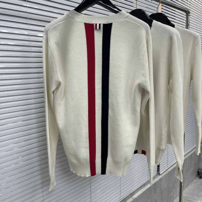 TB Men Sweaters Back RWB Striped Luxury Brand Design V Neck Knitted Cardigan Fashion Autumn Vintage Women Jumper Tops