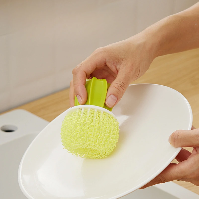 

Gradient Color Household Kitchen Cleaning Brush Cactus Style Cleaning Ball Dishwashing Brush with Handle Pot Washing Brush