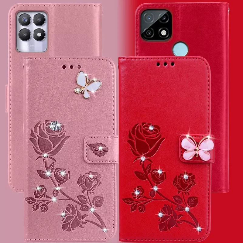 

Funda Rose Flip leather Case for Oppo A73 A92S A5 A3S A7 Realme C21Y C21 C25 C12 C11 2021 C20 Case Realme 8 Pro 8i Coque Cover