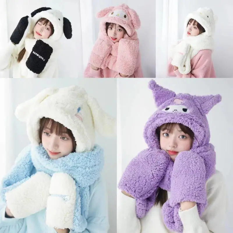 

Sanrios Kawaii Kuromi перчатки Шарфы шапки все в одном Hello Kittys теплые из трех частей Cinnamoroll зимний подарок для велоспорта