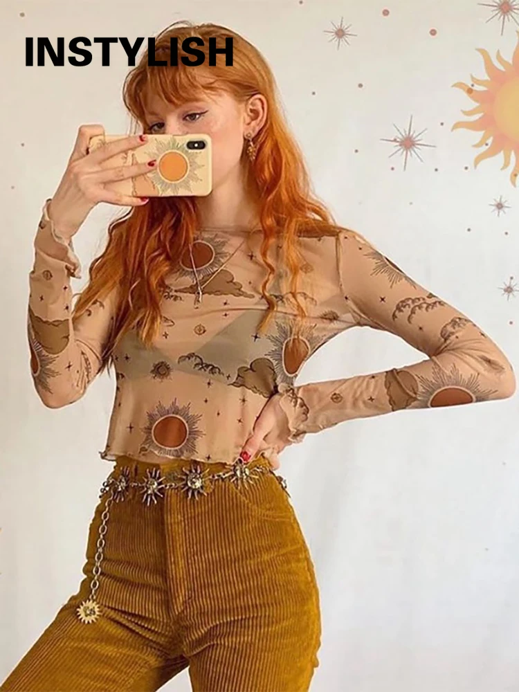 

Elegant Vintage Harajuku Print Sheer Mesh Blouse Women Summer Long Sleeve Perspective Hollow Out T Shirt Crop Top Light Shirts