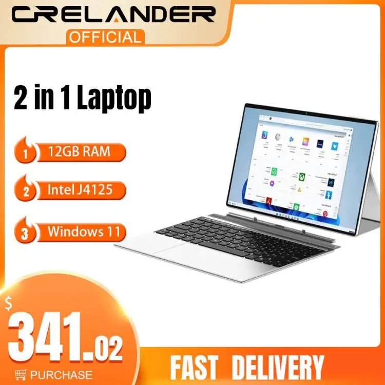 CRELANDER 2 In 1 Laptop 12.3 Inch 3K Touch Screen 12GB RAM 512GB SSD Intel J4125 Windows 11 Tablet Pc Portable Notebook Computer