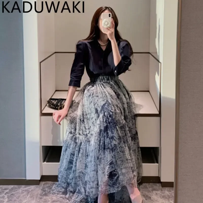 Элегантная сетчатая юбка с высокой талией и цветочным принтом женская винтажная