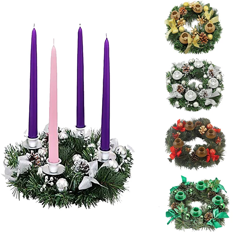 

35CM Christmas Advent Wreath Candlestick Durable Decoration Candles Pine Cone Bow Ribbon Christmas Wreath Table Ornaments
