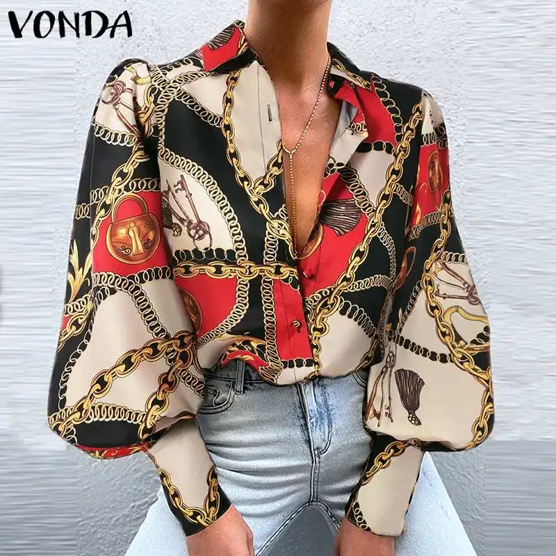 

Casual Shirts VONDA Women Long Puff Sleeve Printed Blouses Bohemian Blusas Femininas Lapel Collar Button Up Retro Tops 2022