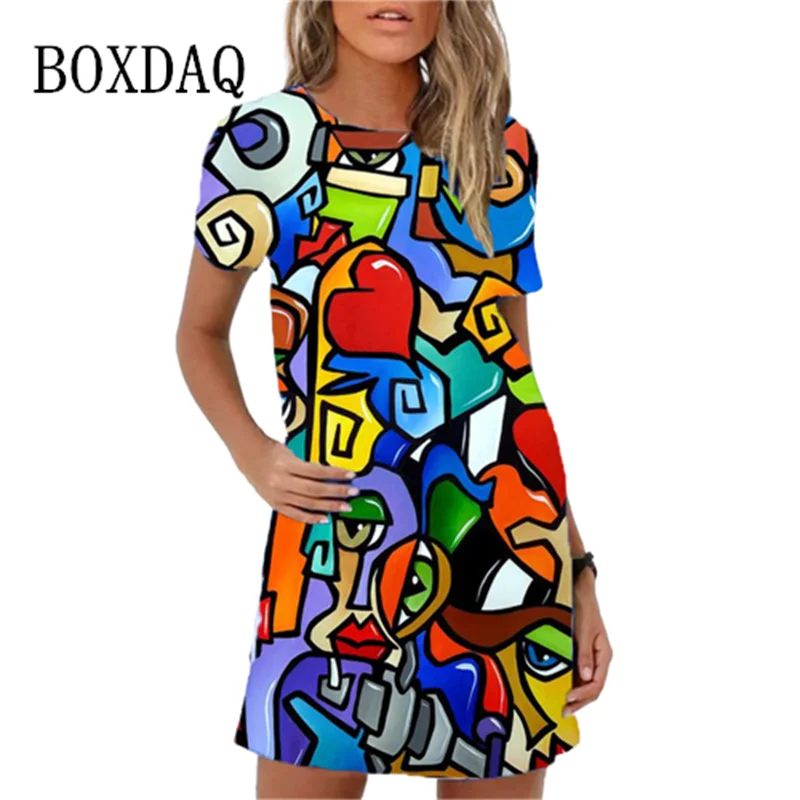 

Fashion Funny Abstract Cartoon Pattern Women Dress Casual Short Sleeve O-Neck Print Loose A-Line Dress Summer Casual Sundress