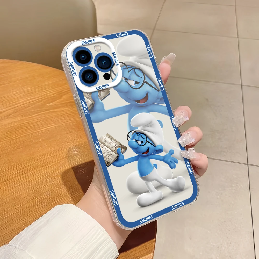 Фото Мультфильм S-Smurfs CUTE для iPhone 12, 11, 13, 14, 15, 16, Max Pro Plus, мини-защитный чехол, прозрачная рамка №5
