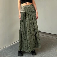 2022 women fairy casual retro long skirt harajuku irregular print ankle length dress elastic waist skirt green summer autumn