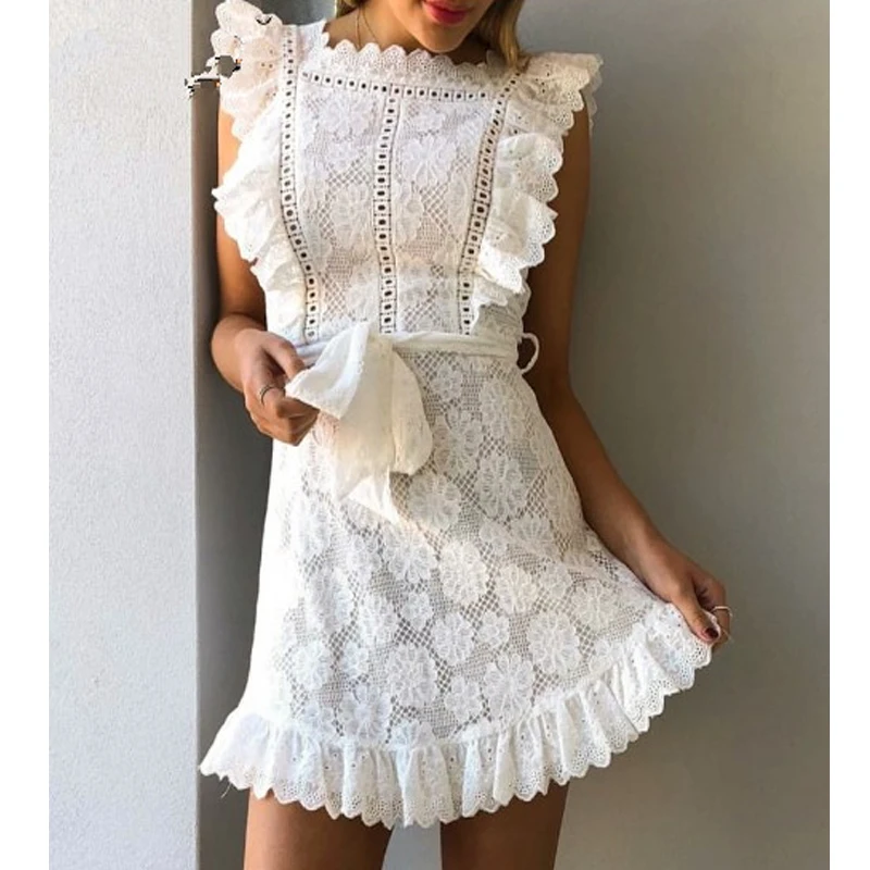 

Женское Короткое платье без рукавов, однотонное белое кружевное платье с бахромой, лето 2021