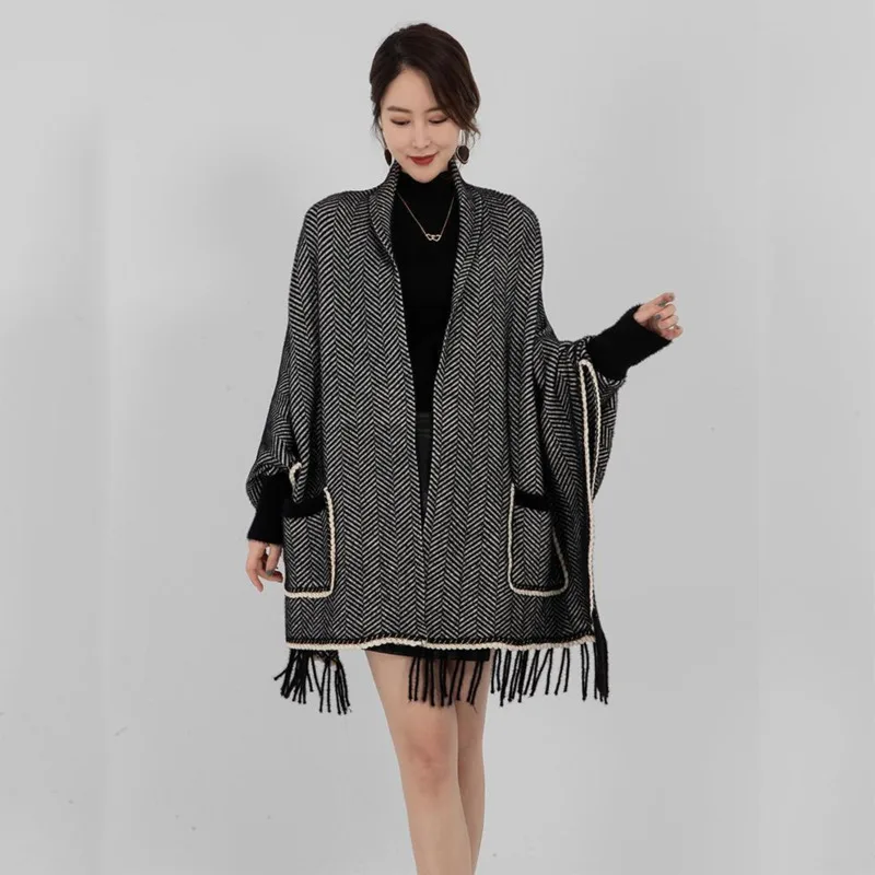 Вязаный свитер для женщин шаль модный кардиган с карманами и кисточками накидка