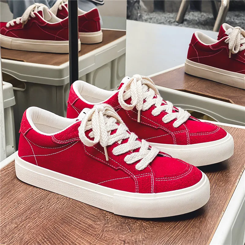 Fashion Red Low-cut Chunky Skateboard Shoes For Men Comfortable Breathable Mens Canvas Sneakers Non-slip Casual Sports Shoes Men