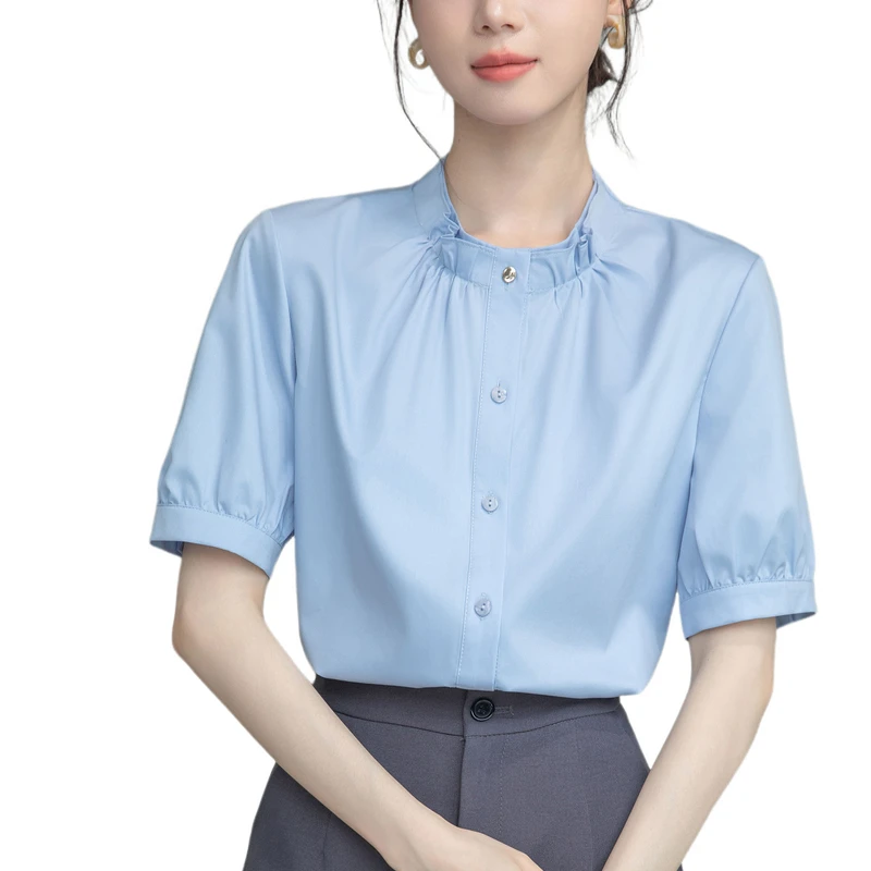 Модная женская рубашка с коротким рукавом и воротником-стойкой Офисная Женская